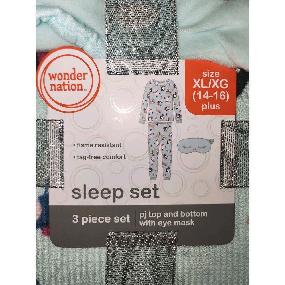 Girls XL 14-16 Wonder Nation Pajama Set Christmas Winter Blue Thermal Soft New - Picture 2 of 4